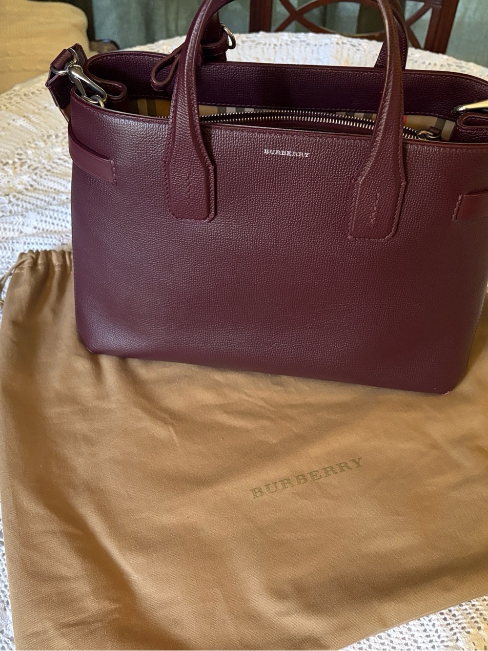 Burberry Mahogany Leather Satchel with Signature Check Strap and Top Handles